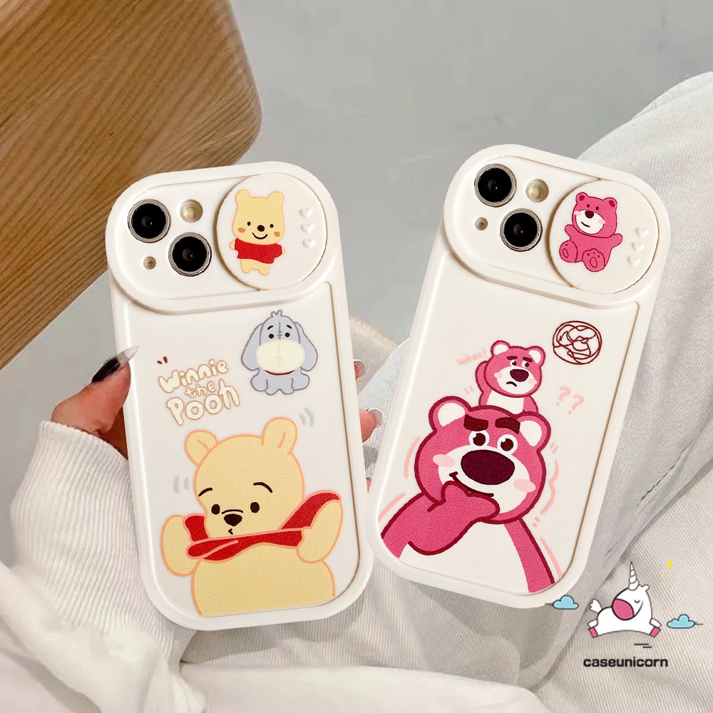 Tarik Dorong Jendela Kamera Perlindungan Casing Ponsel Kompatibel Untuk Iphone 11 13 12 Pro Max 7plus 7 8 Plus Xr X Xs Max Kartun Doraemon Strawberry Bear Winnie The Pooh Manyo Soft Cover