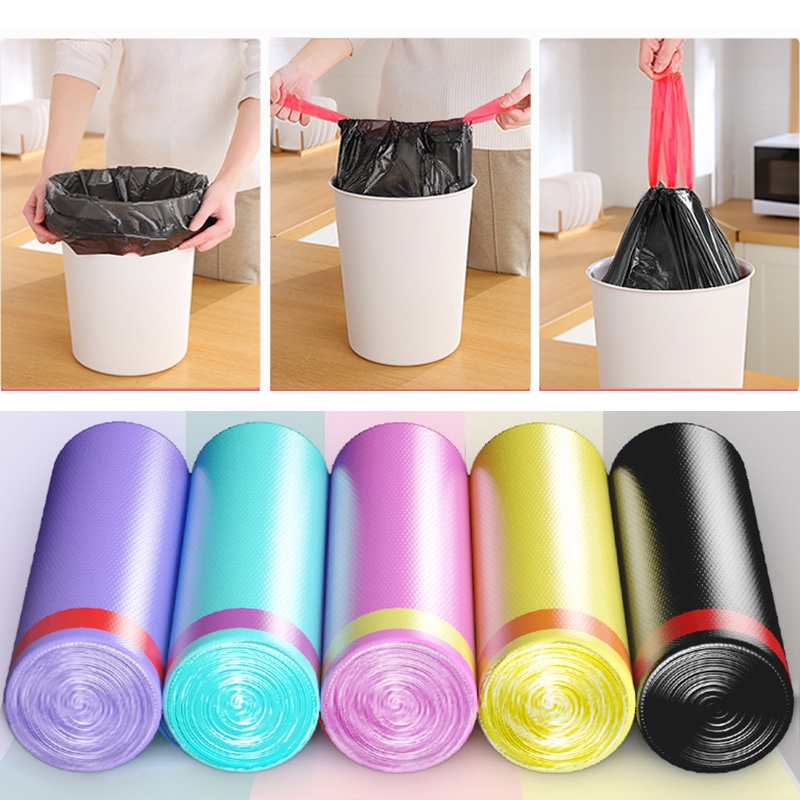 15pcs/roll Disposable Rubbish Bag Garbage Bin Liners Kitchen Toilet Waste Storage Bathroom Trash Bags with Drawstring Handle