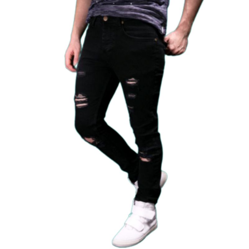 CELANA SOBEK PRIA RIPPED JEANS ROBEK SLIMFIT PENSIL SKINNY STRETCH DENIM HITAM PREMIUM 27-38