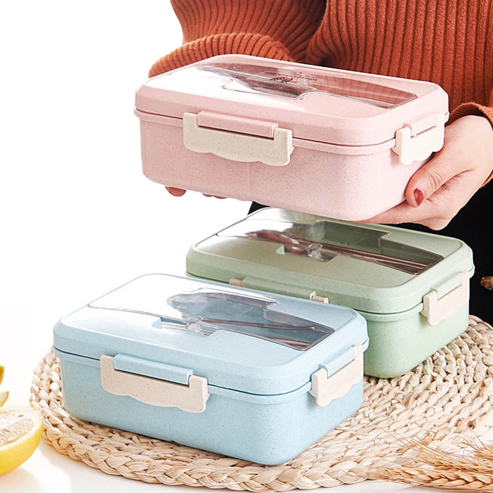 Tempat Makan Set Kotak Makan Bekal Lengkap Dengan odel Minimalis Tiga Sekat - Lunch Box Alat Makan Sendok Sumpit M Kotak TM232