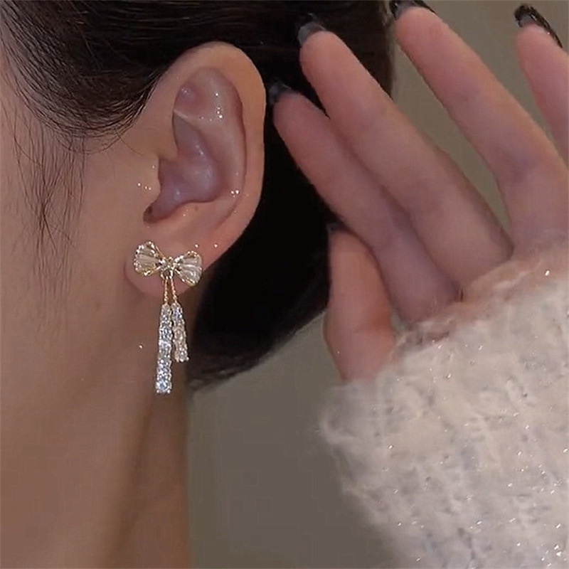 1pasang Anting Korea Zirkon Ikatan Simpul Drop/Anting Rumbai Berkilau Trendi Untuk Hadiah Perhiasan Wanita Gadis