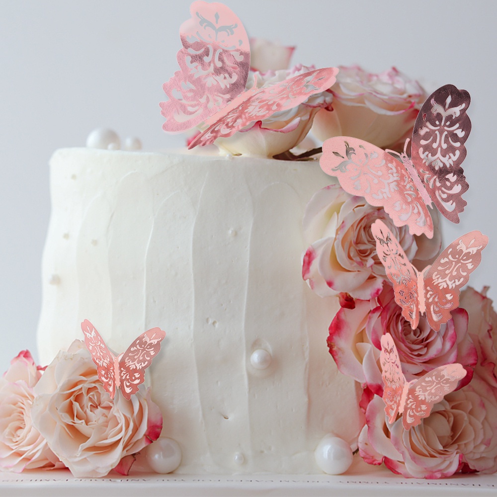 12pcs/set Butterfly Cake Topper 3D Gold Hollow Simulasi Butterfly Untuk Dekorasi Kue Pesta Ulang Tahun Baby Shower Pernikahan