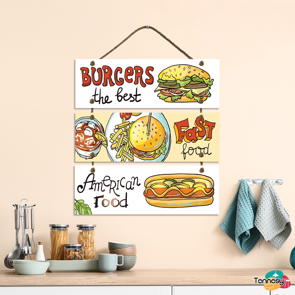 TENNESY Hiasan Dinding Dapur Burger Food 3 Susun Dekorasi Dinding Dapur Kitchen Pajangan Kayu Poster Dekorasi Rumah