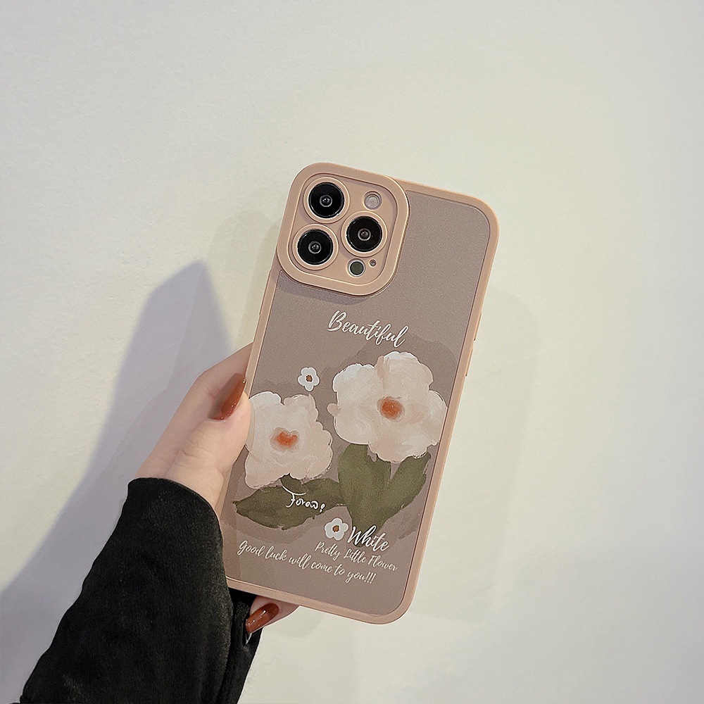 IPHONE [Mata Kucing] Soft Case TPU Anti Slip Untuk Iphone7Plus8 Plus X XS XR XS Max11 13 12 14 PRO Max14 Plus ins Fashion Abu-Abu Lukisan Minyak Bunga Wanita