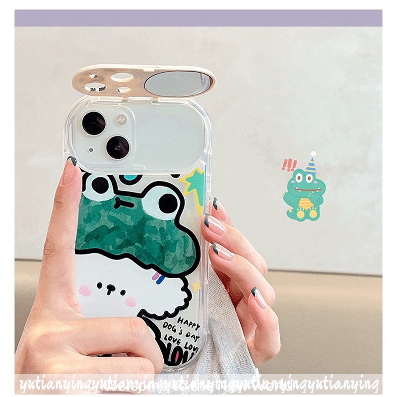 IPHONE Soft Phone Case Kompatibel Untuk Iphone11 12 14 13 Pro Max 7Plus X8 7 Plus XR XS Max SE 2020 Flip Make Up Cermin Graffiti Kartun Hewan Lucu Kelinci Kodok Anjing Cover