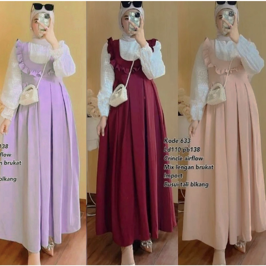 Arsda - Dress Bahan Crinkle AIRFLOW Ruby Dress Crinkle Mix Brukat Dress Busui Terbaru 2023 Gamis Ang