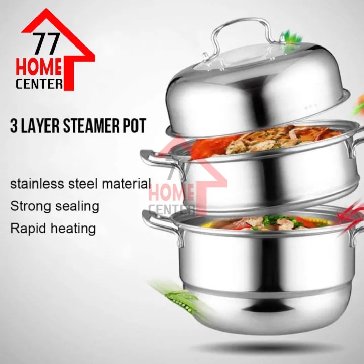 Panci Kukus Stainless 28 cm Tebal Steamer Kukusan 3 Susun Dandang Stainless Panci Sup Kukus 3 Susun 