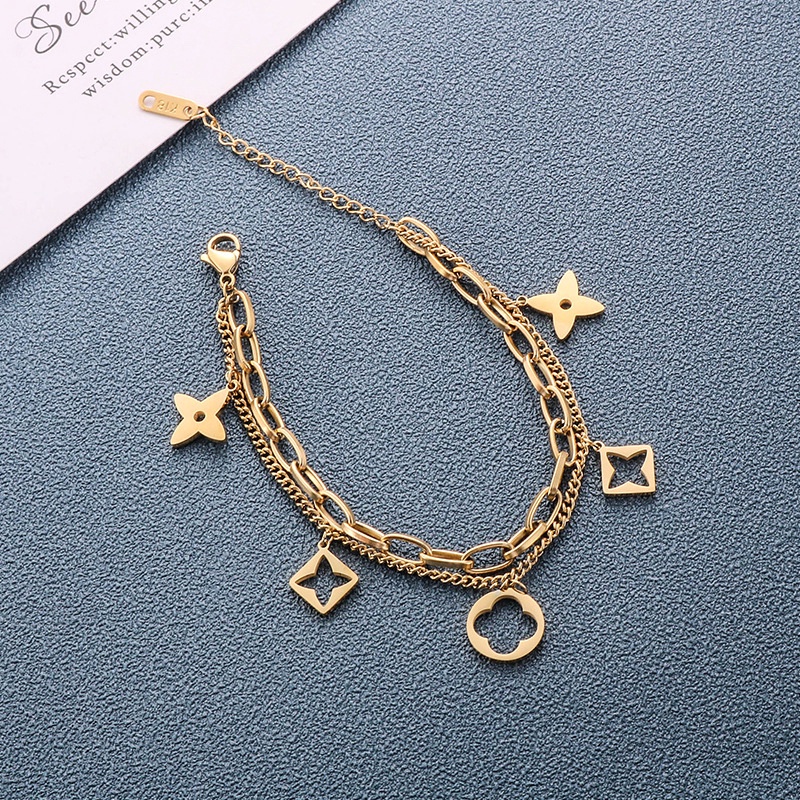 2022 Gelang Tangan Rantai Motif Geometri Clover Hollow Untuk Wanita | Kalung Rantai Rose Gold 18kt Bahan Titanium Steel Untuk Wanita