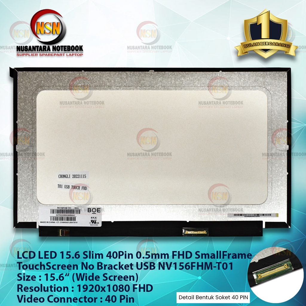 LCD LED 15.6 Slim 40Pin 0.5mm Full HD Small Frame IPS No Bracket TouchScreen NV156FHM-T01