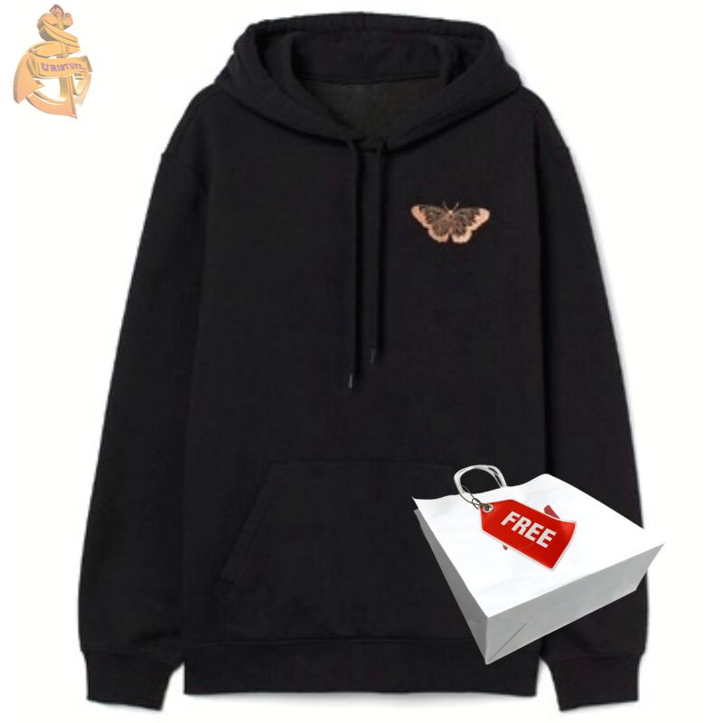 Hoodie Hitam Hnm Butterfly Black Katun Wanita Cewek Pria Free Paper Bag