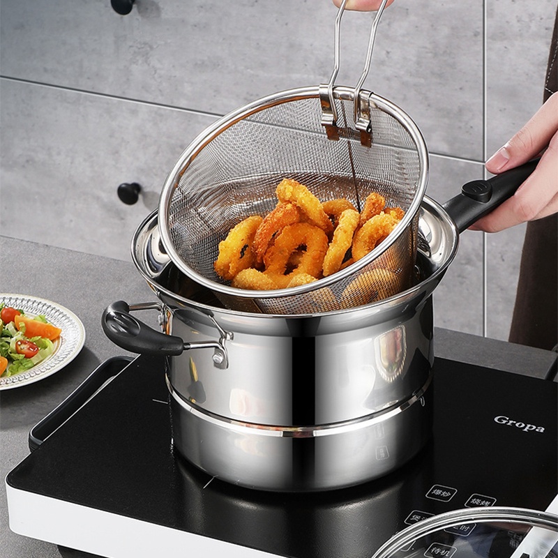 PANCI SERBAGUNA COOKING POT 3 IN 1 22 CM / DEEP FRYING / NOODLE POT / PANCI MULTIFUNGSI PANCI MIE / panci dengan saringan kukusan tutup kaca goreng kukus rebus tim presto ungkep daging ayam sapi kambing masak mie menggoreng kentang goreng sop sayur soto