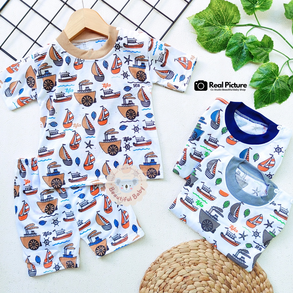 Setelan Baju Bayi Pendek 0-12 Bulan Motif Kapal Laut  / Celana Baju Bayi Pendek / Kaos Oblong Bayi &amp; Anak Kancing Pundak / Baby.ou