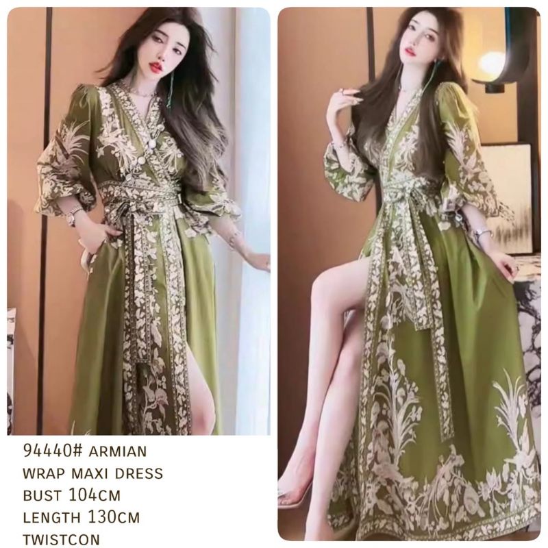 94440 Fashion Maxi dress lengan panjang motif warna hijau ijo army cantik gaya Korea terlaris Korean