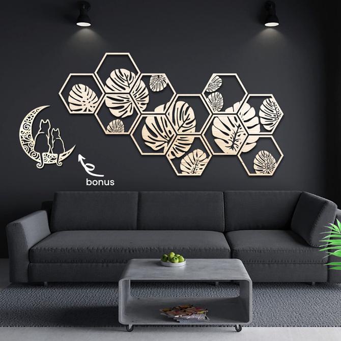 Dekorasi Dinding Kayu Classic Monstera Hexagonal 1.4m Hiasan Ruang