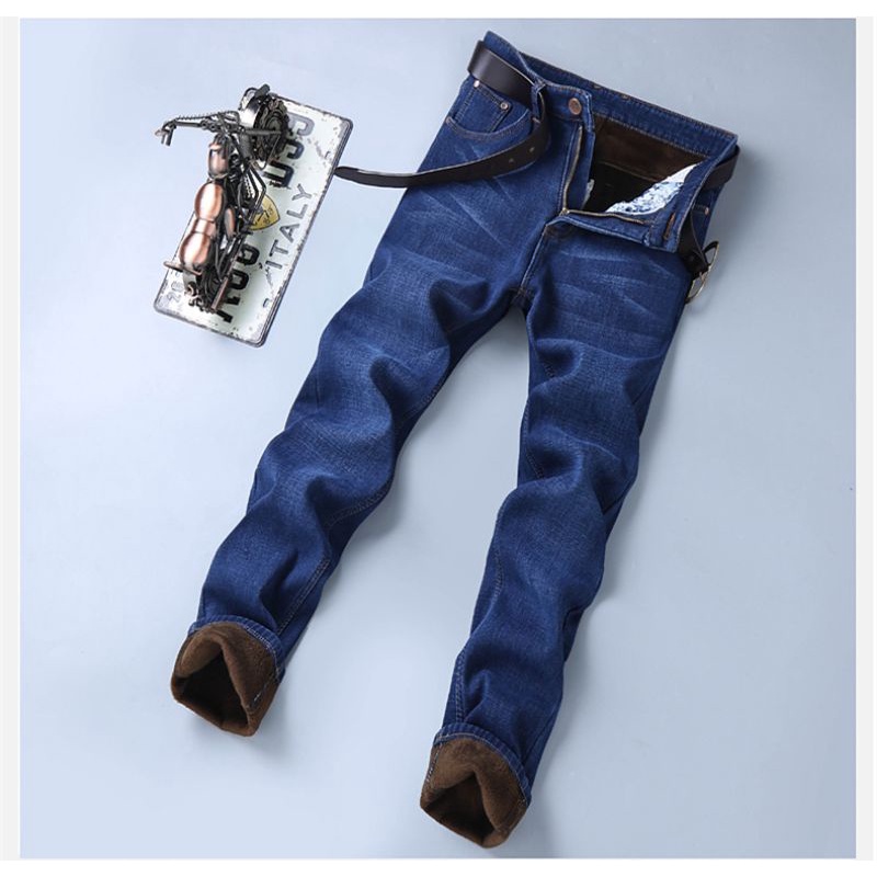 Celana Jeans Musim Dingin pria laki laki / Thermal Bagian dalam Bulu2 halus Penahan Dingin