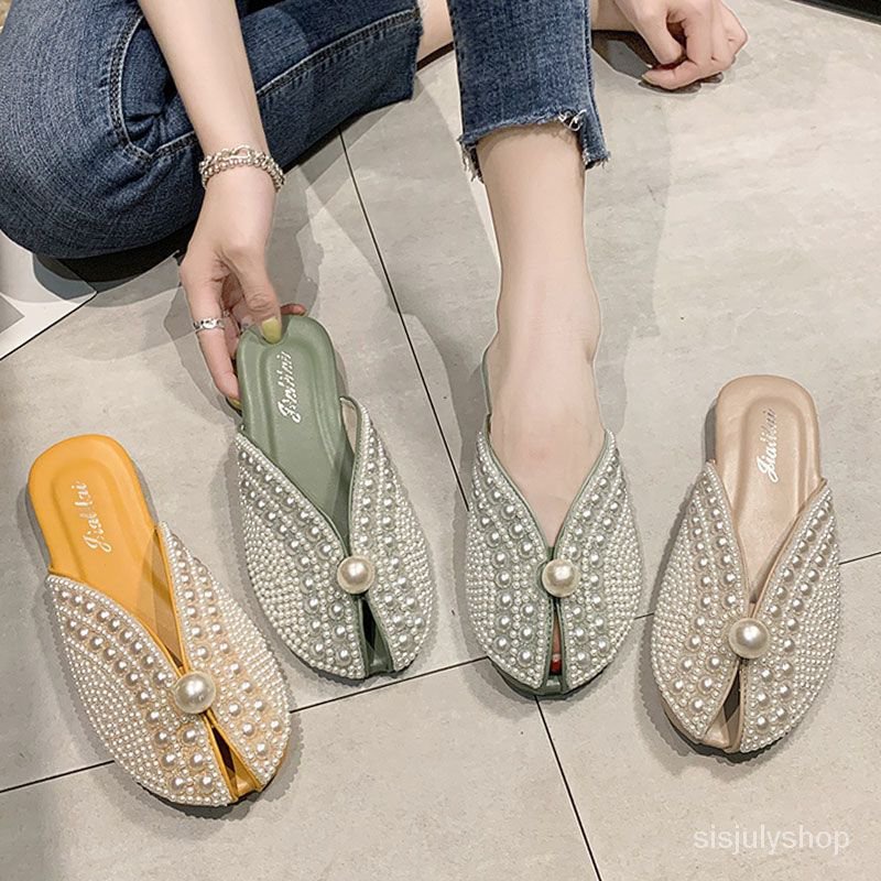 #Sisjuly# Sandal Baotou sandal mutiara sandal bawah datar wanita baru sandal mutiara