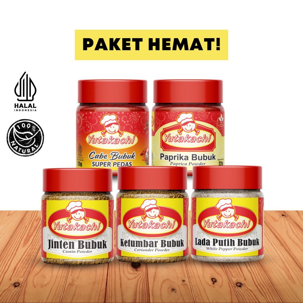 

PAKET HEMAT BUMBU REMPAH YUTAKACHI (Cabe Bubuk/Paprika/Merica/Ketumbar/Jinten)