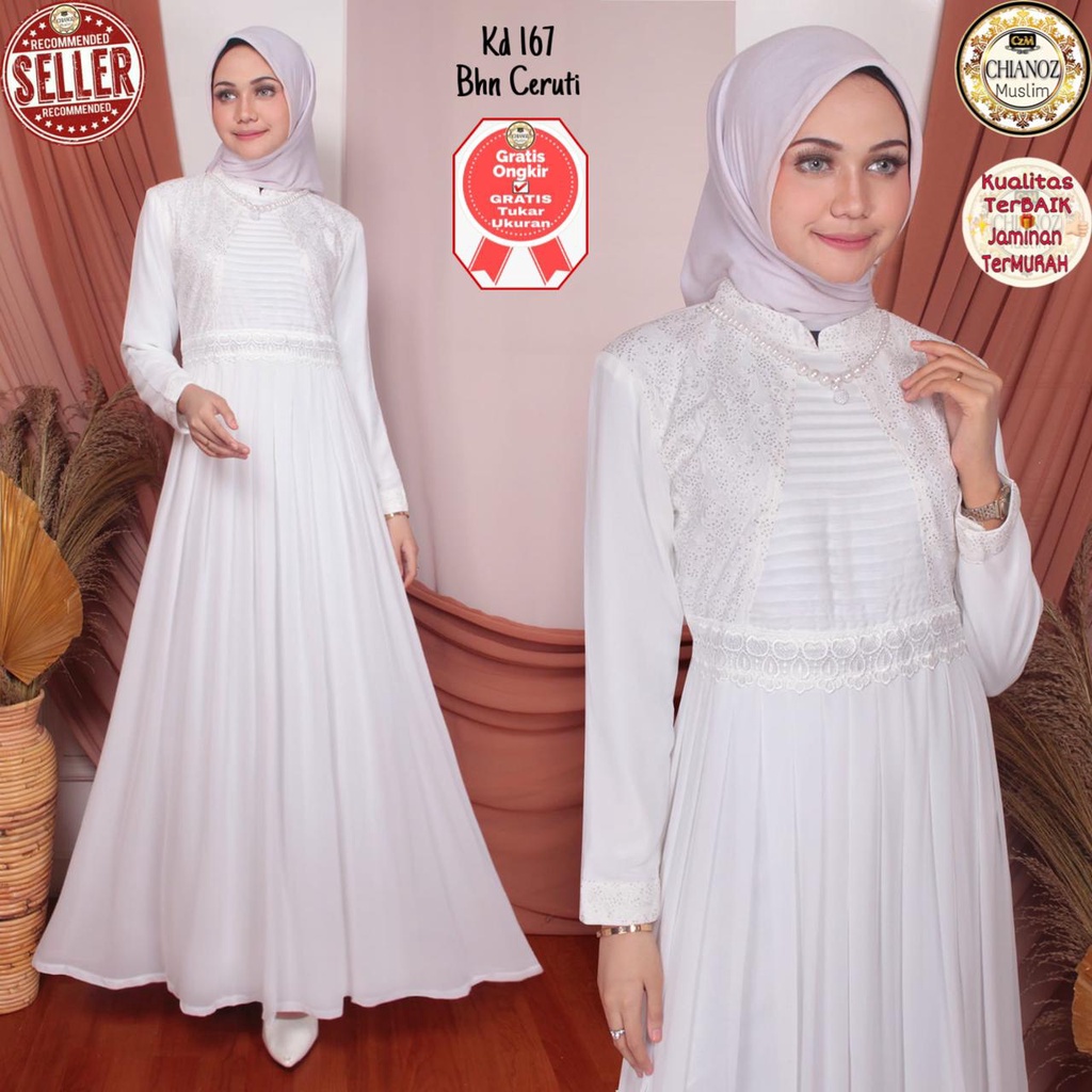 CHIANOZ Gamis Putih Mewah Talita Dress Brukat Renda Baju Lebaran Umroh Haji Manasik Pesta Akad 167