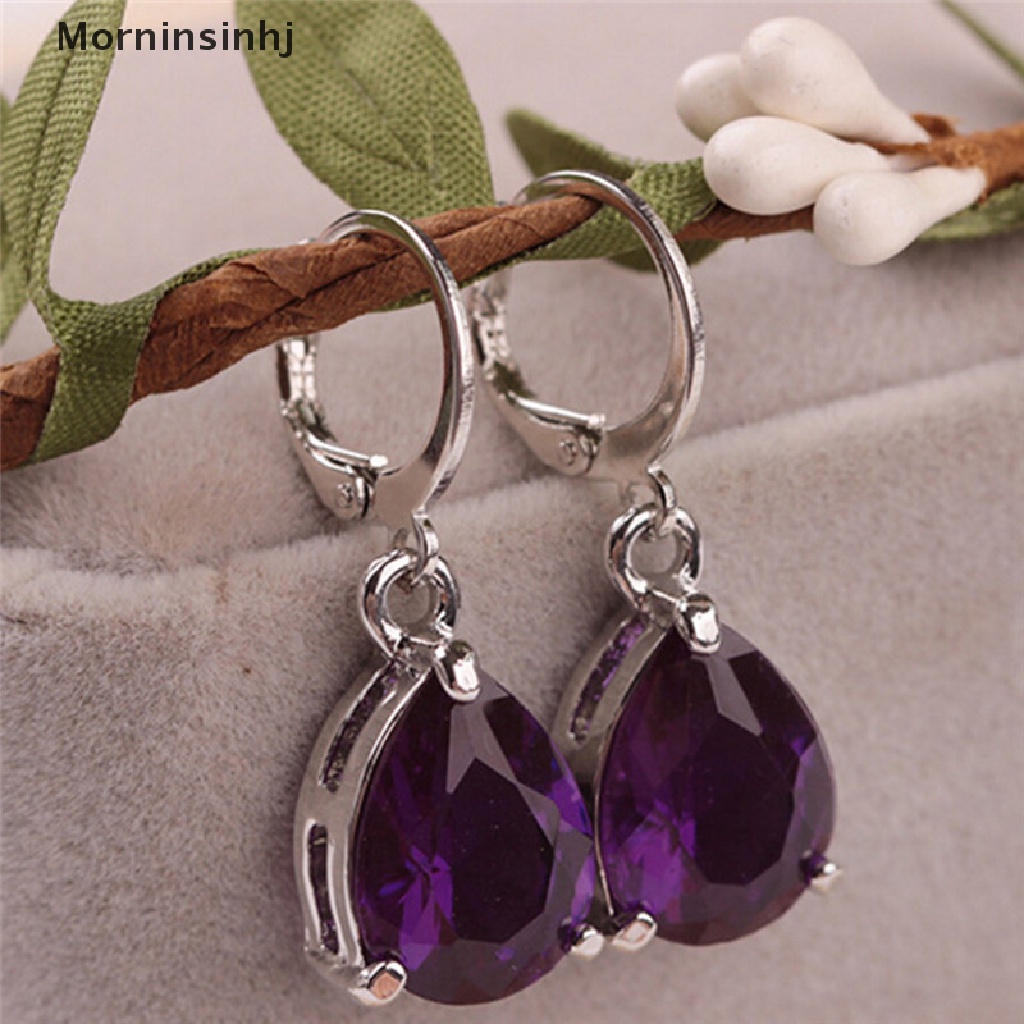 Mornin Wanita Perak Disepuh Amethyst Safir Perhiasan Droop Stud Hoop Earrings Hadiah id