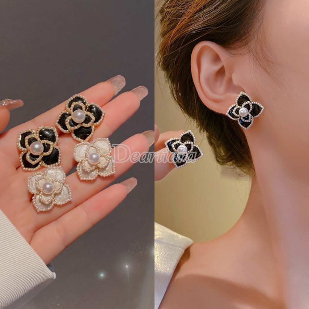 Fashion Mutiara Anting Bunga Camelia Perempuan Temperamen Mewah Drop Oil Earrings Fashion Anting Kepribadian Sederhana