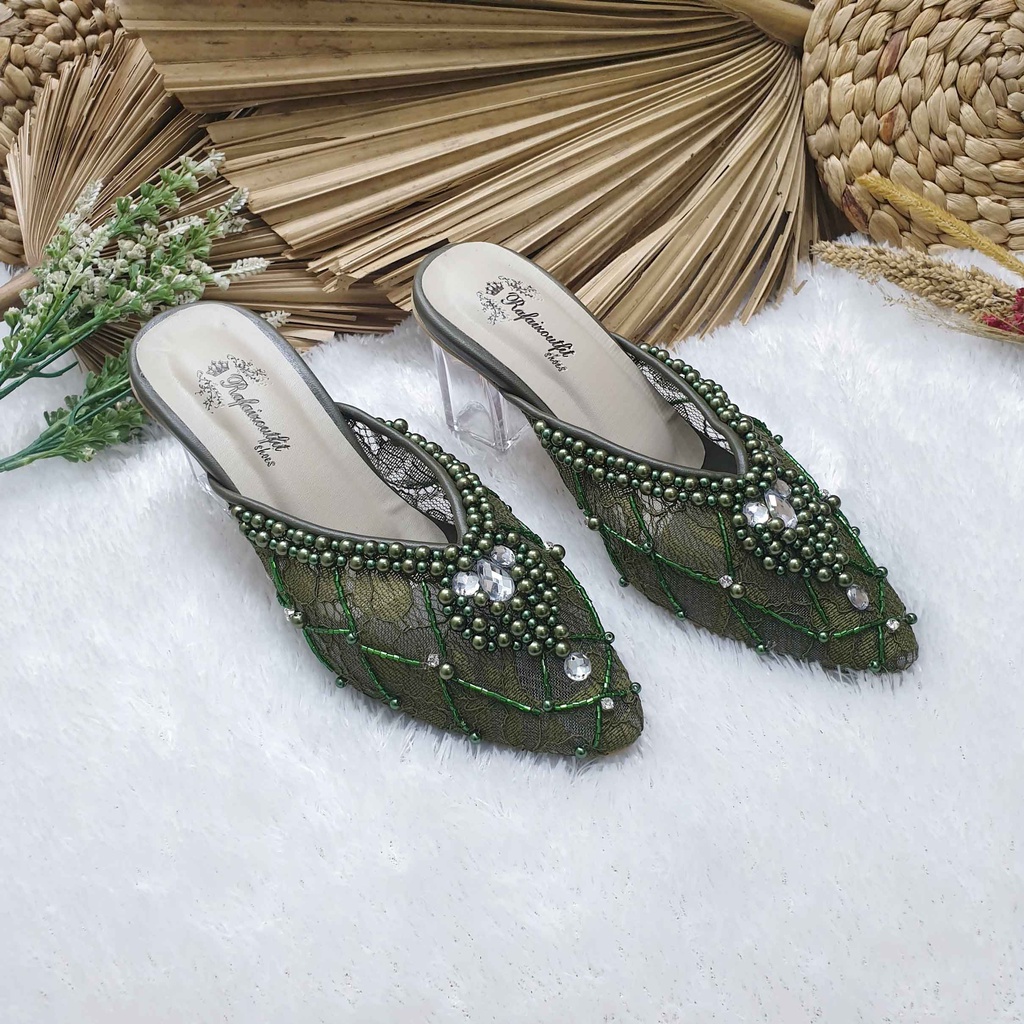 Sepatu wedding pesta cantik hijau army 7cm kaca