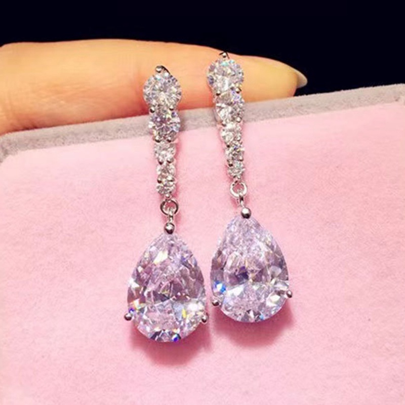 1pasang925 Sterling Silver Teardrop Berlian Menjuntai Anting Untuk Wanita Pengantin Pertunangan Pernikahan Bridal Earring Jewelry