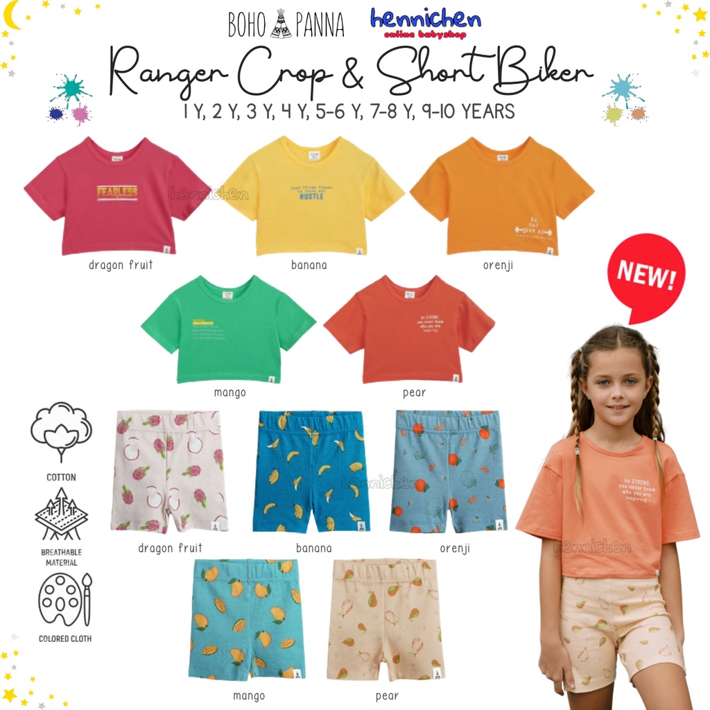 BOHOPANNA RANGER CROP TEE SHORT BIKER BAJU ATASAN CROP ANAK CELANA PENDEK ANAK BOHO BABY 1-10 TAHUN