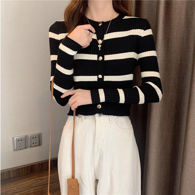 Outerwear Knit Top Stirpe Wanita Lengan Panjang Cardigan Kancing