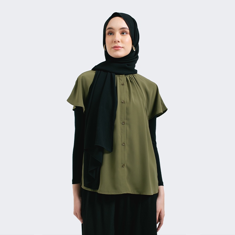 Greenlight Kemeja Casual Kerah Bulat Original LenganPendek Poly Shirt Basic Wanita Hijau Capers 0411