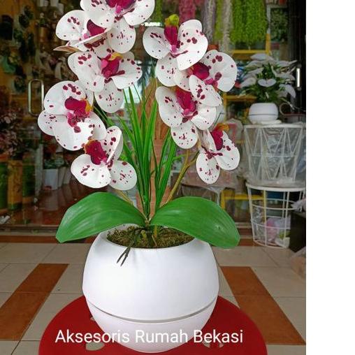 ✺ Bunga anggrek LATEX artificial 2 cabang dengan pot bola ۩
