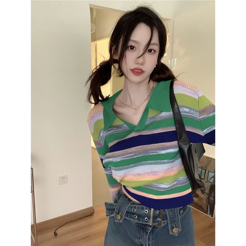 YIU YIU Rajut - Korean Crop Top Lengan Panjang Causal Style Stripe Top V-neck Baju Inner Rajut