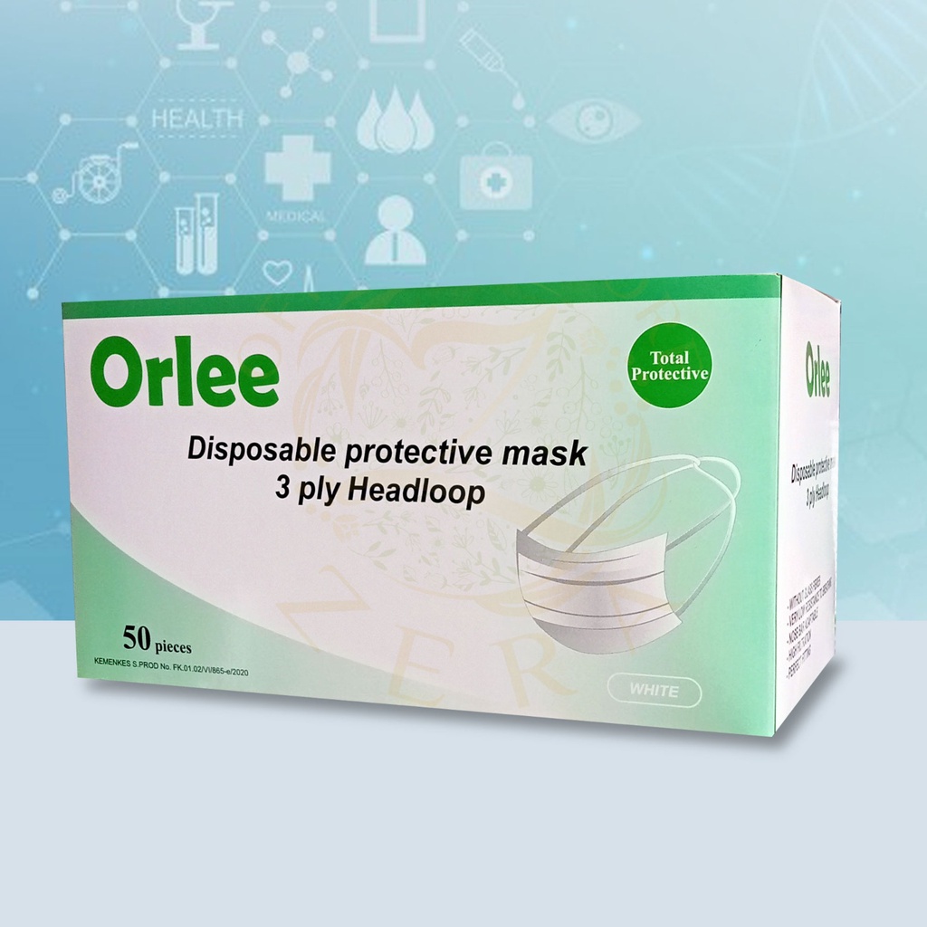 MASKER ORLEE DISPOSABLE 3 PLY HEADLOOP ISI 50 PCS | MASKER HIJAB