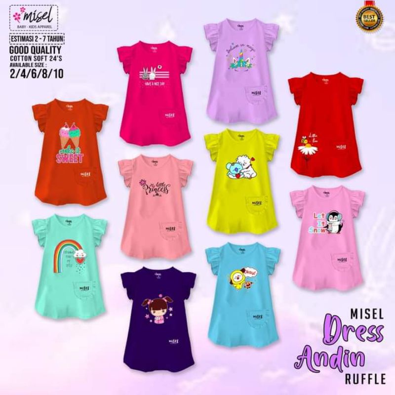 Mini Dress Tunik ruffle Misel anak lucu harian jalan kekinian branded halus nyaman adem BTS pinguin 