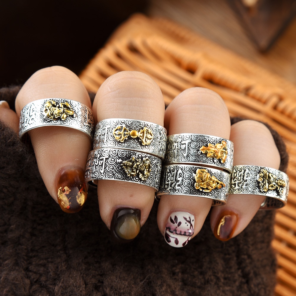 Vintage Namo Amitabha Buddha Nativity Guardian Ring Adjustable Alloy Transit Ring Liburan Masa Kini Pencerahan Agama Rings Untuk Pria Dan Wanita