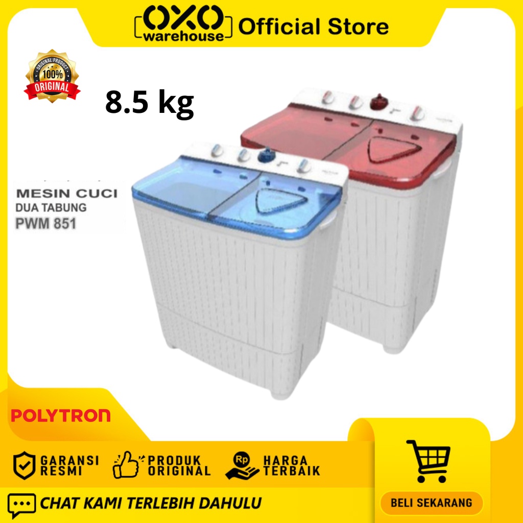 Polytron Mesin Cuci PWM-851 2 Tabung 8.5 Kg Low Watt Garansi Resmi