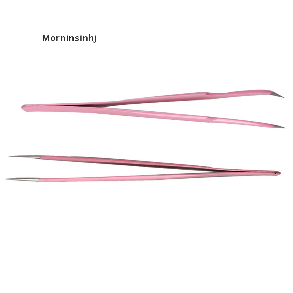 Mornin 2PCS Steel Pink Straight+Bend Tweezer Untuk Eyelash Extensions Nail Art Nippers id