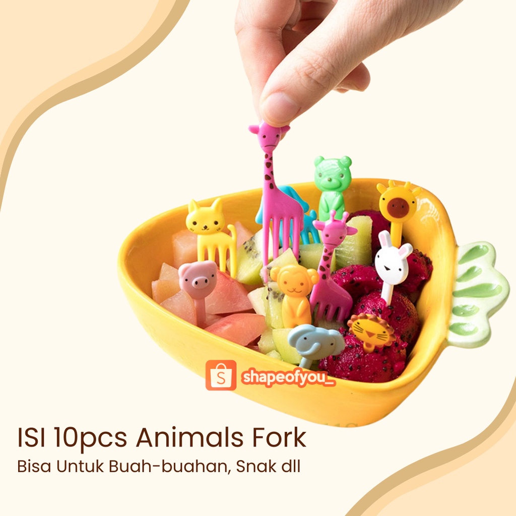 Garpu Buah Mini Set 10pcs Kartun Binatang Peternakan - Garpu Bento Buah Motif Animal