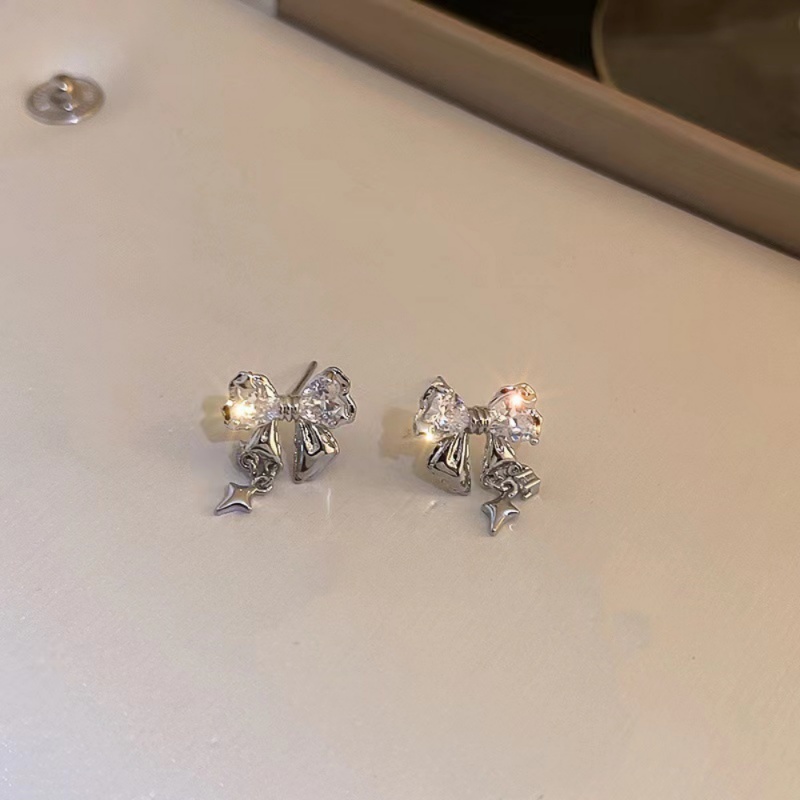 Fashion Cinta Hati Zirkon Busur Anting Perak Pin Stud Earrings Fashion Trendi Earrings