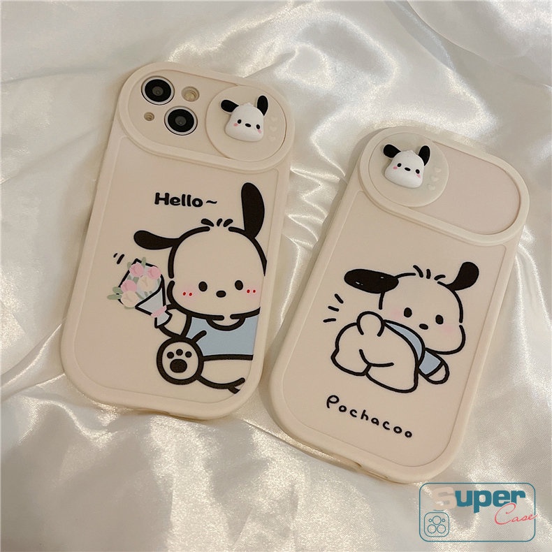 IPHONE Pasangan Casing Ponsel Kompatibel Untuk Iphone7 8 Plus11 13 12 Pro MAX XR X XS MAX Lucu Pochacco Lembut TPU Kartun 3D Boneka Push Pull Jendela Penutup Pelindung Lensa Kamera