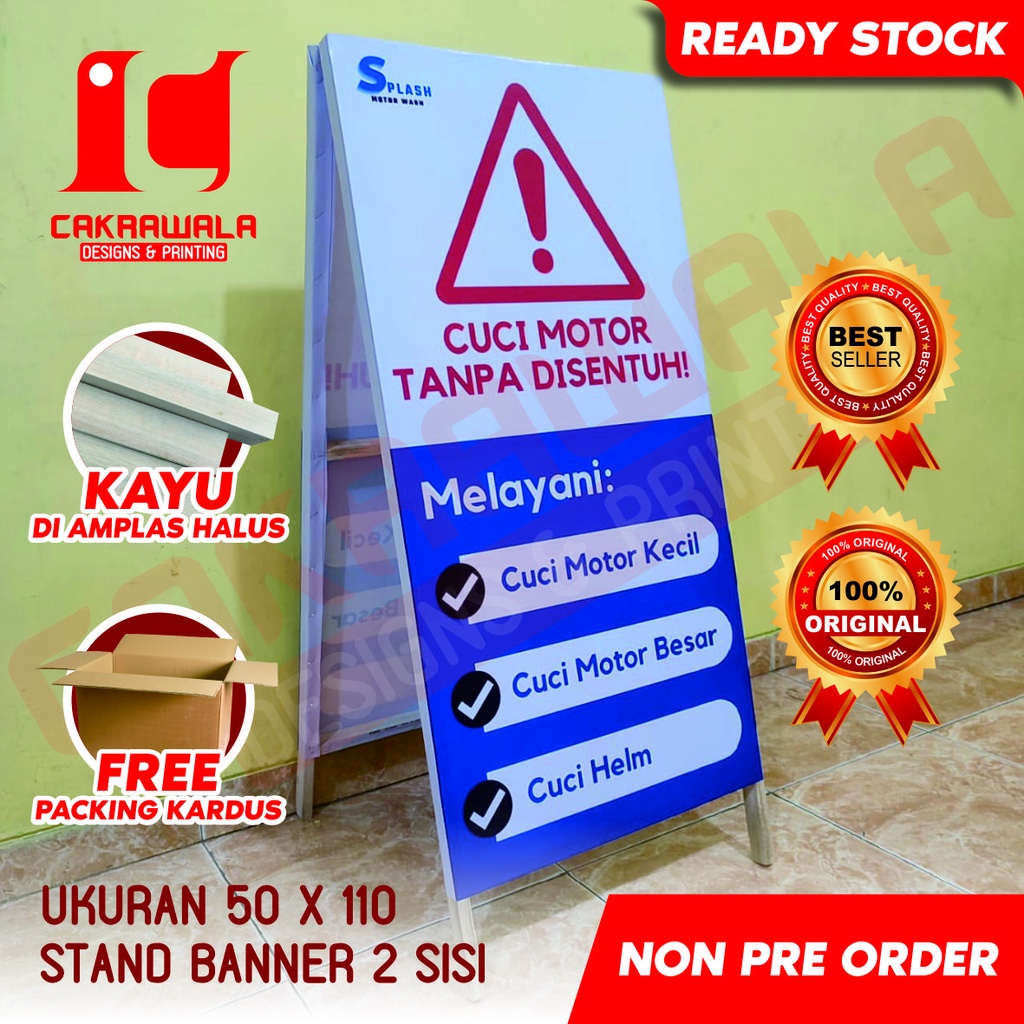 STAND BANNER KAYU CUCI MOTOR UKURAN 50 X 110 - STANDING BANNER KAYU - SEGITIGA BANNER KAYU - SEGITIG