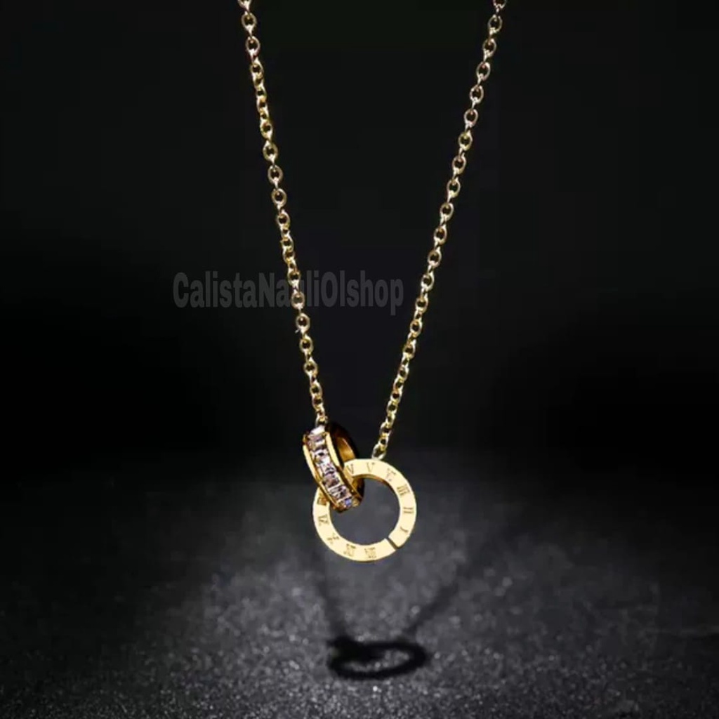 Kalung Titanium Dua Ring Permata Korea Anti Karat Dan Anti Luntur