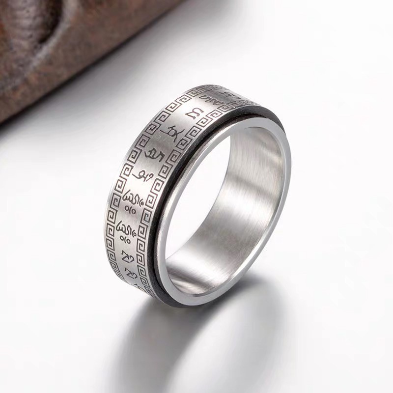 Cincin Sutra Desain Hati Mantra Shurangama | Cincin Bahan Titanium Steel Untuk Pria | Cincin Hipster Kreatif Bahan Stainless Steel Untuk Wanita | Kotak Hadiah Untuk Hadiah