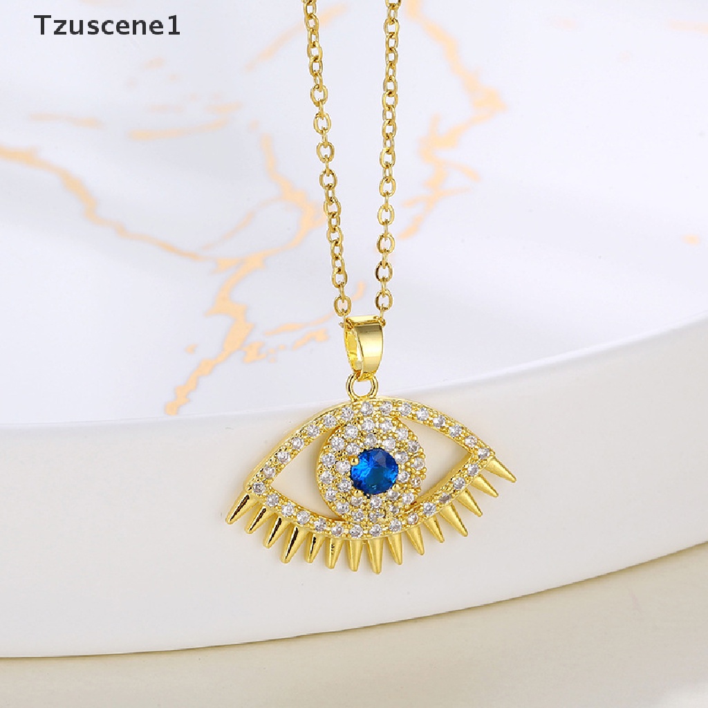 [Tzuscene1] Evil Eye Charm Pendant Lapis Emas Asli 18K Cubic Zirconia Perhiasan Kalung Butik