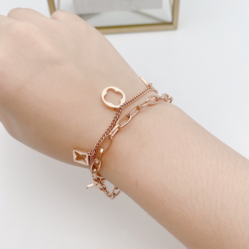 Gelang Cincin Ganda Bentuk Daun Clover Untuk Wanita | Band Bahan Titanium Steel 18k Warna Rose Gold | Aksesoris Bahan Stainless Steel