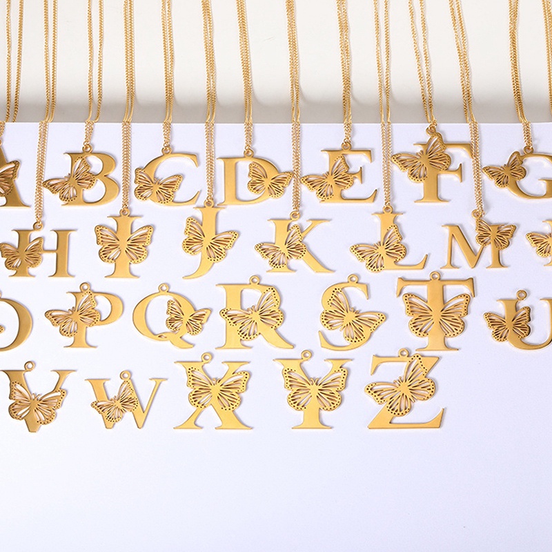 Kalung Huruf Kupu-Kupu Besar Dainty Warna Emas Untuk Wanita Gadis Perhiasan Rantai Stainless Steel Kalung Liontin Inisial