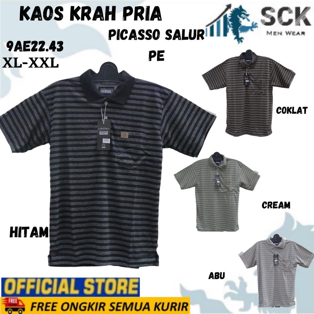 Kaos Kerah Pria PICASSO Motif Salur Kombinasi Aneka Warna PE Halus Original / Baju Cowok Size XL-XXL JUMBO - sckmenwear GROSIR