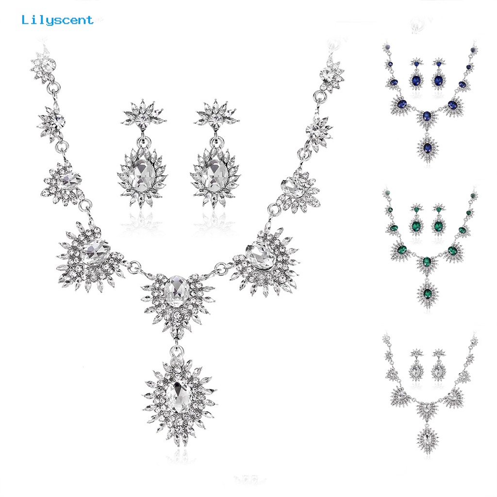 [LS] 1set Anting Pengantin Kristal Imitasi Hias Berlian Imitasi Bentuk Bunga Matahari Temperamen High Gloss Dress Up Glitter Gaun Pernikahan Bridal Kalung Perhiasan Aksesori