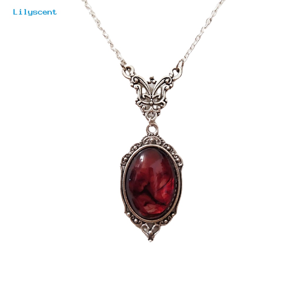 [LS] Liontin Kalung Elegan Oval Desain Vintage Indah Merah Kuarsa Pesona Kalung Kupu-Kupu Kalung Pakaian Sehari-Hari