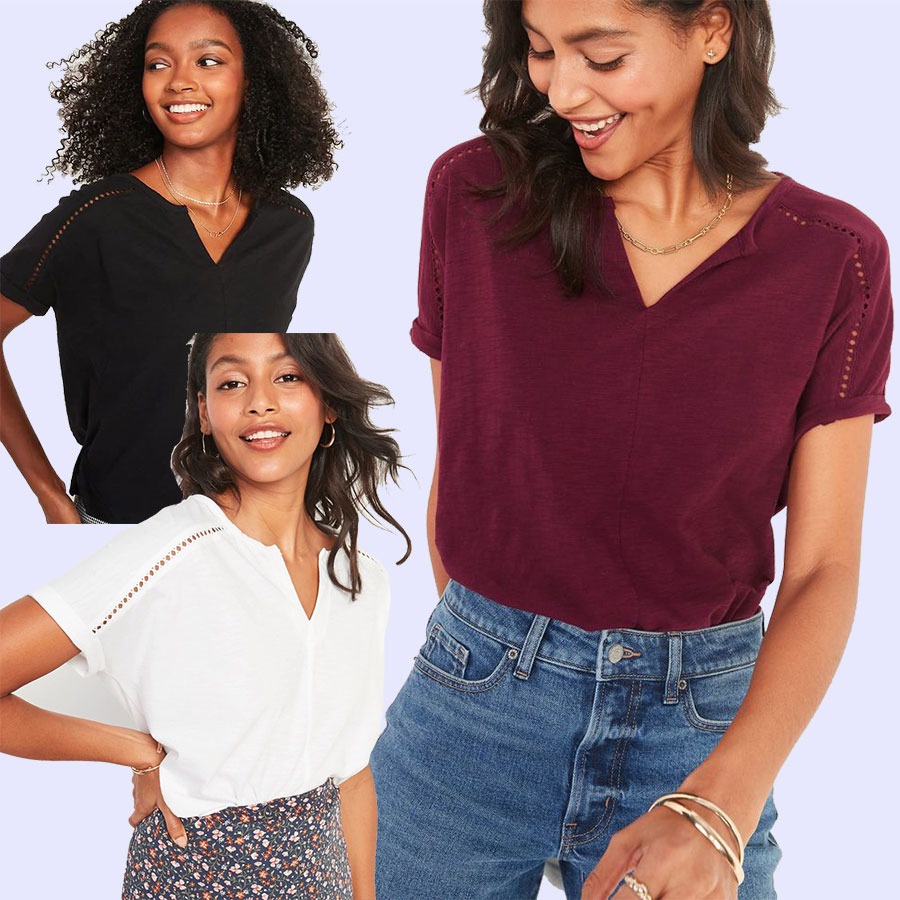 lovemecorner OLD NAVY SLUB LACE TRIM BLOUSE WANITA HITAM BURGUNDY BAJU WANITA CASUAL SUPER COMFY