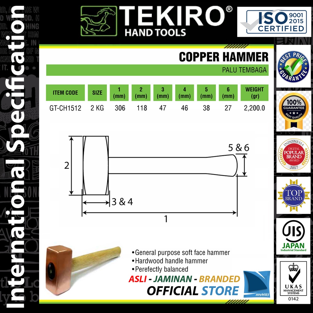 Palu Tembaga 2 kg / Copper Hammer Godam Martil Pukul TEKIRO